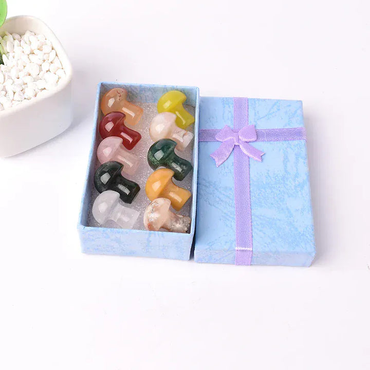 10PCS/Set Natural Crystal Gemstone Polished Mushroom Healing Stone Ornaments For Home Decoration Gifts Box for Children Color 3 / 1 Box Crystal + Quartz