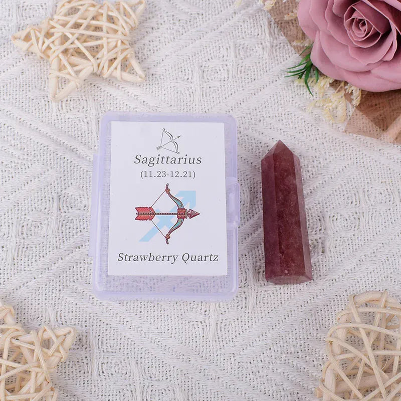 12 Constellations Natural Amethyst Rose Quartz Citrine Ecliptic Style Crystal Wand Leo Aries TaurusGem Tower For Home Decoration Strawberry Quartz / 1Pc Crystal + Quartz