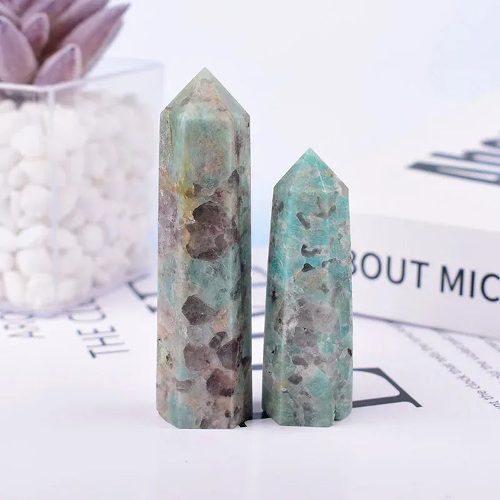 1Pc 50-80mm Natural Crystal Point Symbiotic Amazon Stone Polished Obelisk Quartz Wand Tower Ornament For Home Decoration Crystal And Quartz