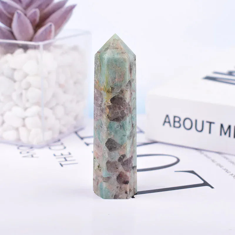 1Pc 50-80mm Natural Crystal Point Symbiotic Amazon Stone Polished Obelisk Quartz Wand Tower Ornament For Home Decoration Symbiotic Amazon / 60-70mm Crystal And Quartz