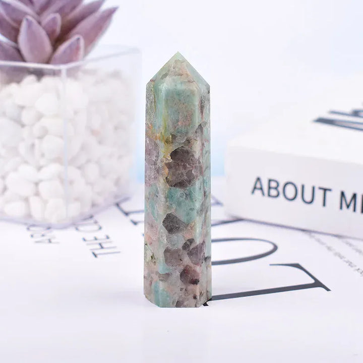 1Pc 50-80mm Natural Crystal Point Symbiotic Amazon Stone Polished Obelisk Quartz Wand Tower Ornament For Home Decoration Symbiotic Amazon / 60-70mm Crystal And Quartz