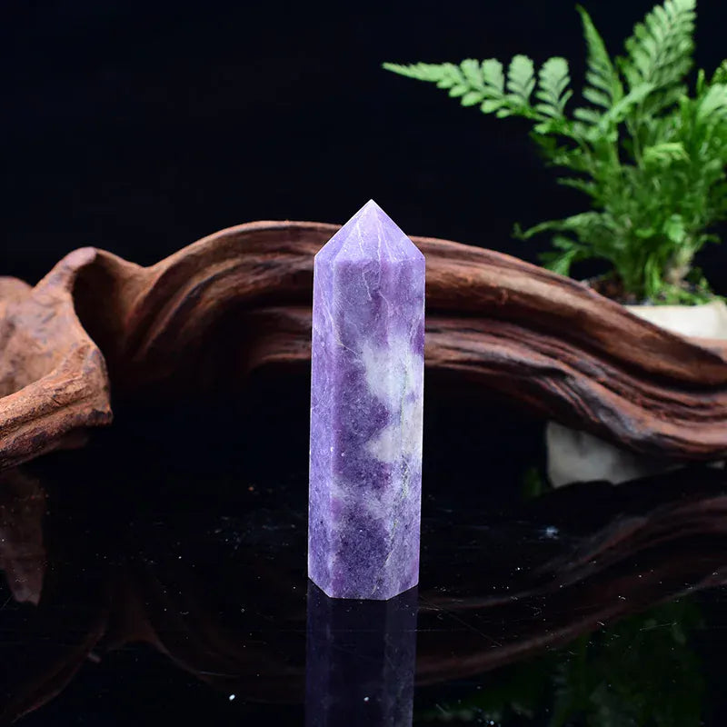 1pc 50-80mm Natural Lapidolite Polished Crystal Point Healing Hexagonal Obelisk Purple Quartz Tower Ornament for Home Decoration Lapidolite / 70-80mm Crystal + Quartz