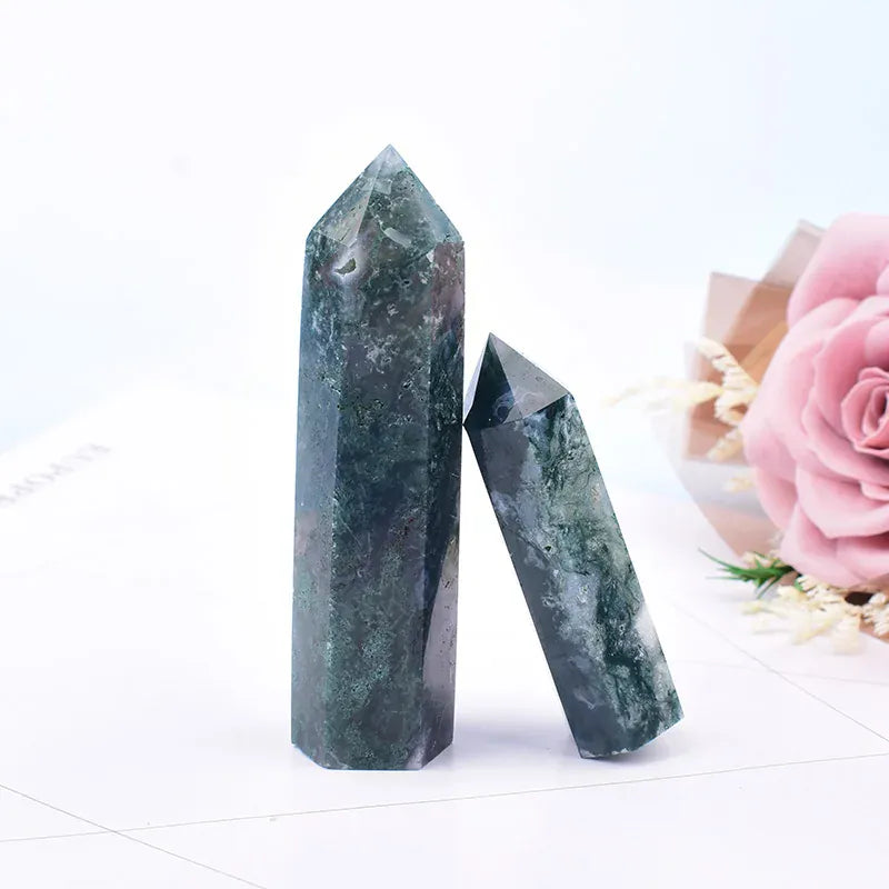 1Pc 50-80mm Natural Moss Agate Polished Crystal Point Healing Green Water Plant Agate Hexagonal Prisms Obelisk Wand Ornaments Crystal And Quartz