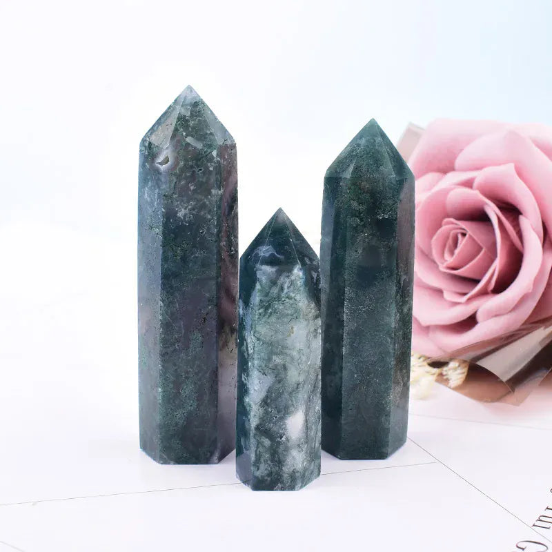 1Pc 50-80mm Natural Moss Agate Polished Crystal Point Healing Green Water Plant Agate Hexagonal Prisms Obelisk Wand Ornaments Crystal And Quartz