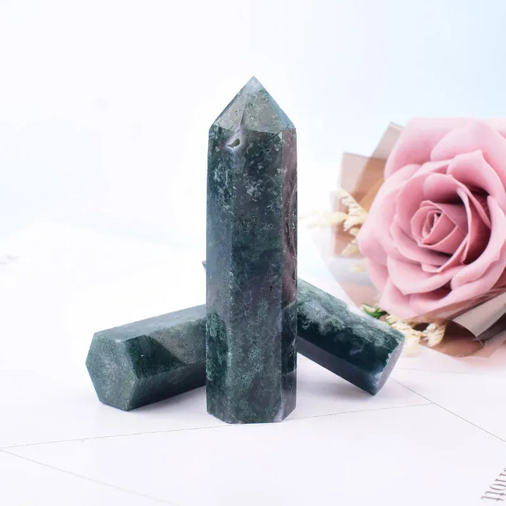 1Pc 50-80mm Natural Moss Agate Polished Crystal Point Healing Green Water Plant Agate Hexagonal Prisms Obelisk Wand Ornaments Crystal And Quartz