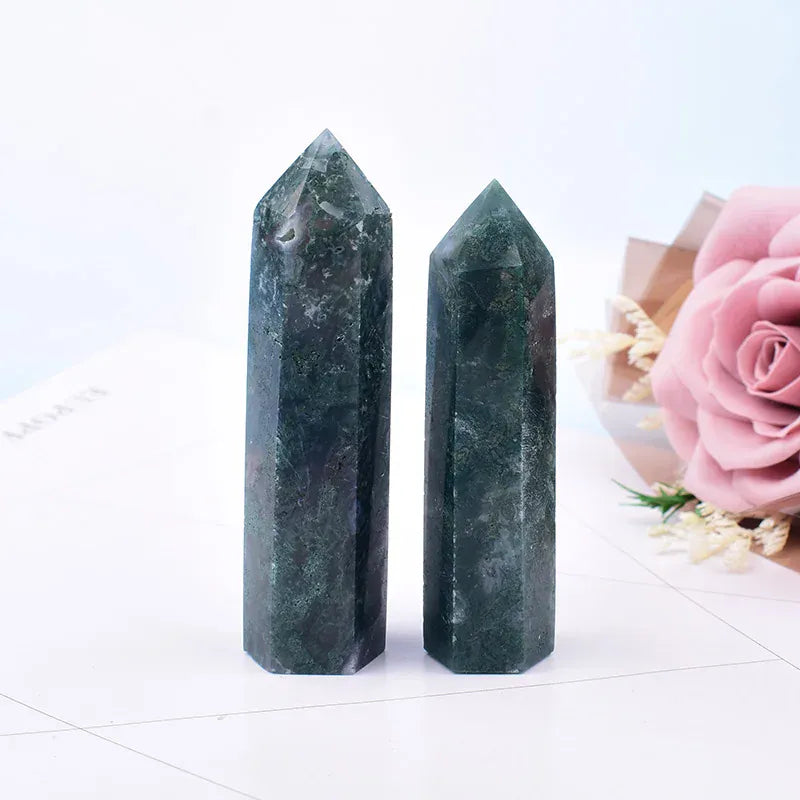 1Pc 50-80mm Natural Moss Agate Polished Crystal Point Healing Green Water Plant Agate Hexagonal Prisms Obelisk Wand Ornaments Crystal And Quartz