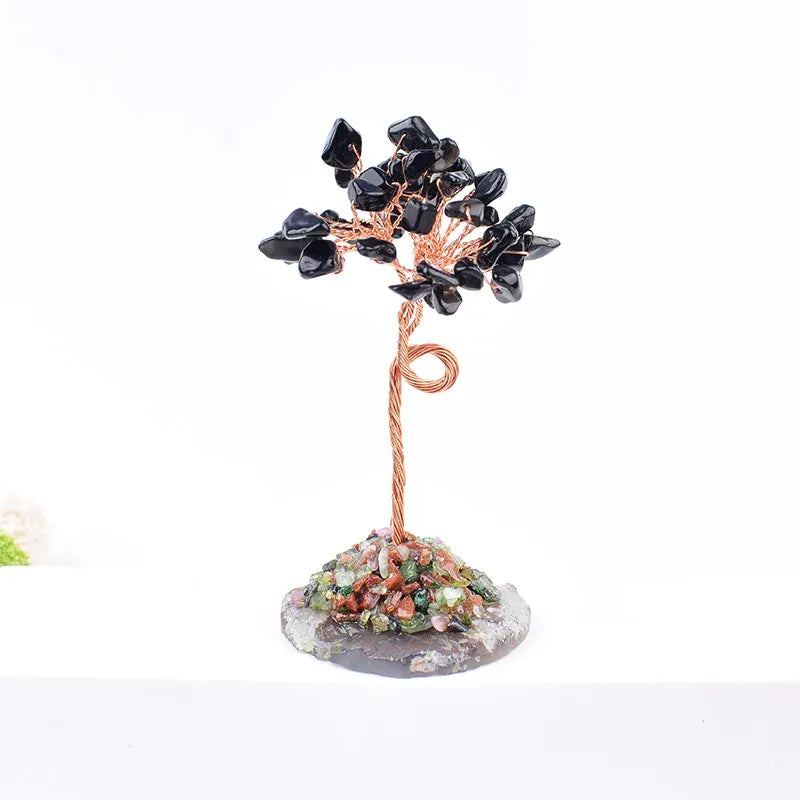 1PC Hand-made Natural Crystal Stone Gravel Lucky Tree Agate Reiki Healing Home Decoration Ornaments DIY Souvenir Gift Obsidian Crystal + Quartz