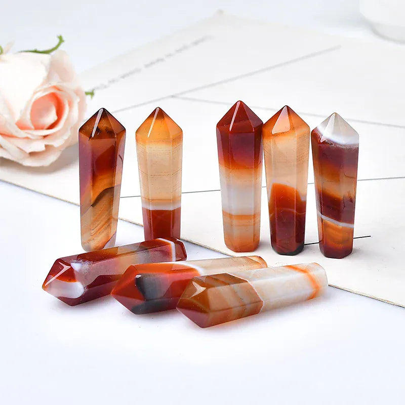 1PC Natural Carnelian Hexagonal Column Sardonyx Crystal Point Red Agate Healing Stone Tower Mineral Crystal Home Decoration Natural Carnelian / 50-55mm Crystal + Quartz
