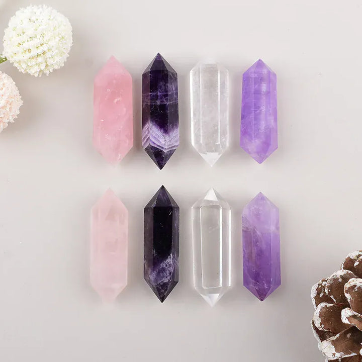 1PC Natural Clear Quartz Polished Crystal Hexagonal Double Terminated Points Meditation Reiki Healing DIY Mineral Jewelry Gift Rose Quartz / 1PC Crystal + Quartz
