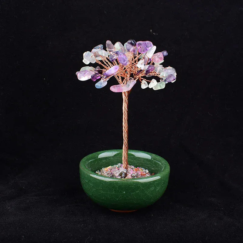 1PC Natural Crystal Bowl Tree Hand-made Gravel Agate Lucky Tree Reiki Healing Home Decoration Ornaments Souvenir Gift Colored Fluorite / 1PC Crystal + Quartz