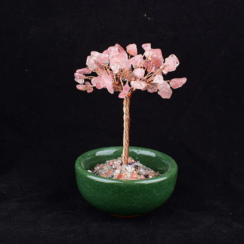 1PC Natural Crystal Bowl Tree Hand-made Gravel Agate Lucky Tree Reiki Healing Home Decoration Ornaments Souvenir Gift Strawberry crystal / 1PC Crystal + Quartz