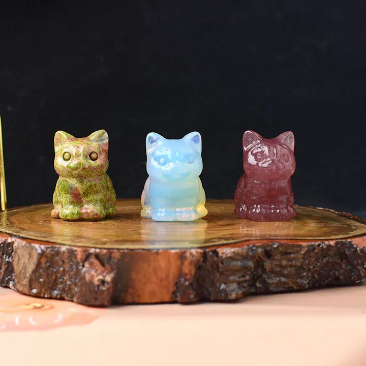 1PC Natural Crystal Carved Sit Cat Healing Stone Crystal Figurines Reiki Gemstone Crafts Home Decoration Children DIY Gift Strawberry Quartz / 1Pc Crystal + Quartz