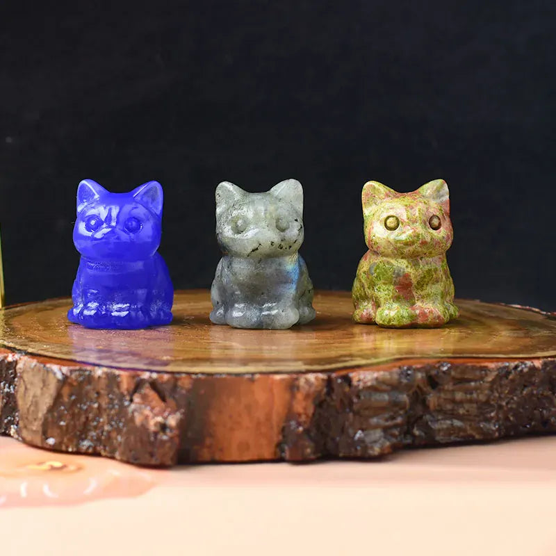1PC Natural Crystal Carved Sit Cat Healing Stone Crystal Figurines Reiki Gemstone Crafts Home Decoration Children DIY Gift Unakite / 1Pc Crystal + Quartz