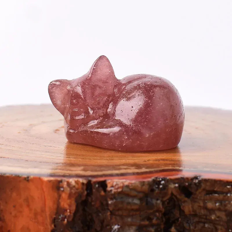 1PC Natural Crystal Carved Sleep Cat Healing Stone Figurines Reiki Gemstone Crafts Home Decoration Children DIY Gift Green Aventurine / 1Pc Crystal + Quartz