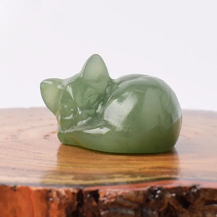 1PC Natural Crystal Carved Sleep Cat Healing Stone Figurines Reiki Gemstone Crafts Home Decoration Children DIY Gift Green Aventurine / 1Pc Crystal + Quartz