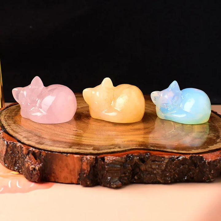 1PC Natural Crystal Carved Sleep Cat Healing Stone Figurines Reiki Gemstone Crafts Home Decoration Children DIY Gift Green Aventurine / 1Pc Crystal + Quartz