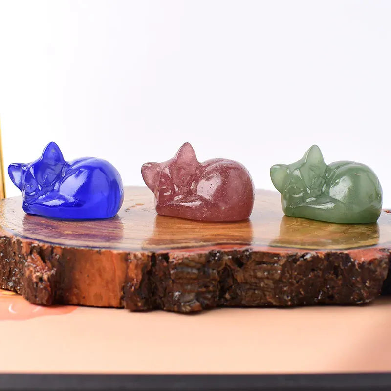 1PC Natural Crystal Carved Sleep Cat Healing Stone Figurines Reiki Gemstone Crafts Home Decoration Children DIY Gift Rose Quartz / 1Pc Crystal + Quartz