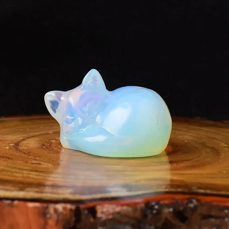 1PC Natural Crystal Carved Sleep Cat Healing Stone Figurines Reiki Gemstone Crafts Home Decoration Children DIY Gift Unakite / 1Pc Crystal + Quartz