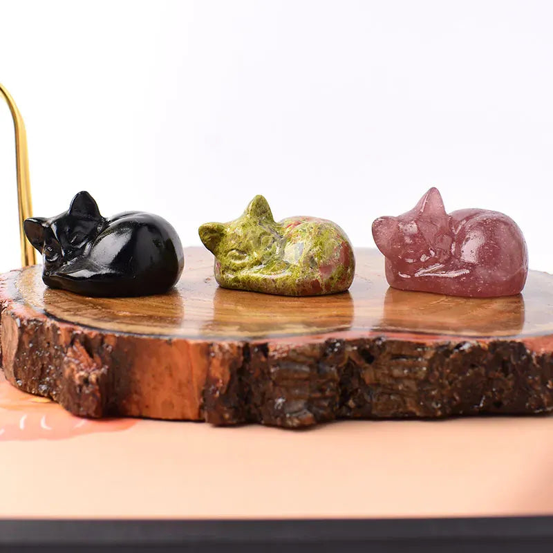 1PC Natural Crystal Carved Sleep Cat Healing Stone Figurines Reiki Gemstone Crafts Home Decoration Children DIY Gift Yellow Aventurine / 1Pc Crystal + Quartz