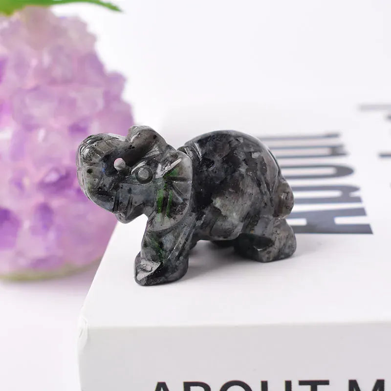 1PC Natural Crystal Clear Quartz Elephant Amethyst Obsidian Animals Stone Crafts Small Decoration Home Decor Christmas Present Black Labradorite / 1.5inch Crystal + Quartz