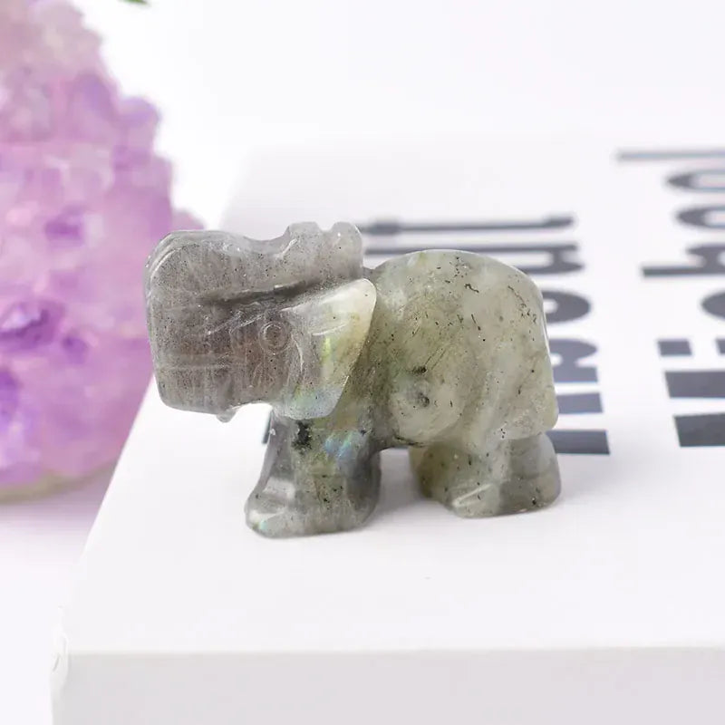 1PC Natural Crystal Clear Quartz Elephant Amethyst Obsidian Animals Stone Crafts Small Decoration Home Decor Christmas Present Gray Labradorite / 1.5inch Crystal + Quartz