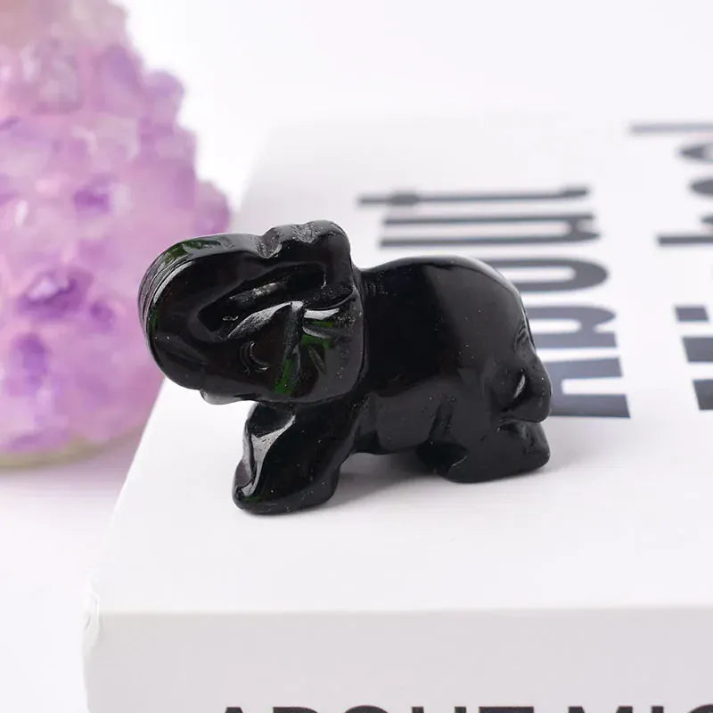 1PC Natural Crystal Clear Quartz Elephant Amethyst Obsidian Animals Stone Crafts Small Decoration Home Decor Christmas Present Obsidian / 1.5inch Crystal + Quartz