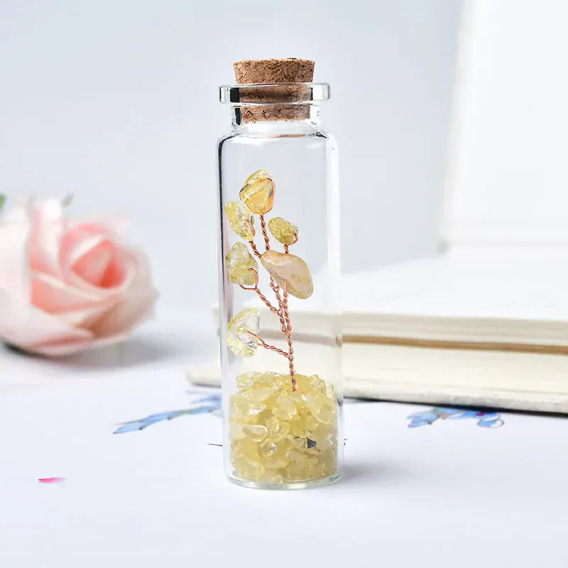1PC Natural Crystal Glass Wishing Bottle Lucky Tree Healing Stone Natural Polished Stones Lucky Drifting Bottle Birthday Gifts Clear Quartz Crystal + Quartz