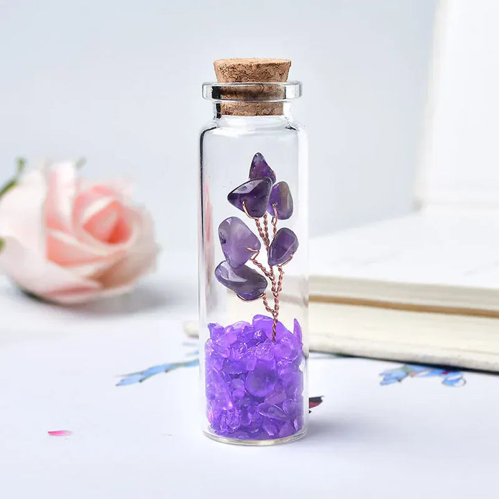 1PC Natural Crystal Glass Wishing Bottle Lucky Tree Healing Stone Natural Polished Stones Lucky Drifting Bottle Birthday Gifts Obsidian Crystal + Quartz