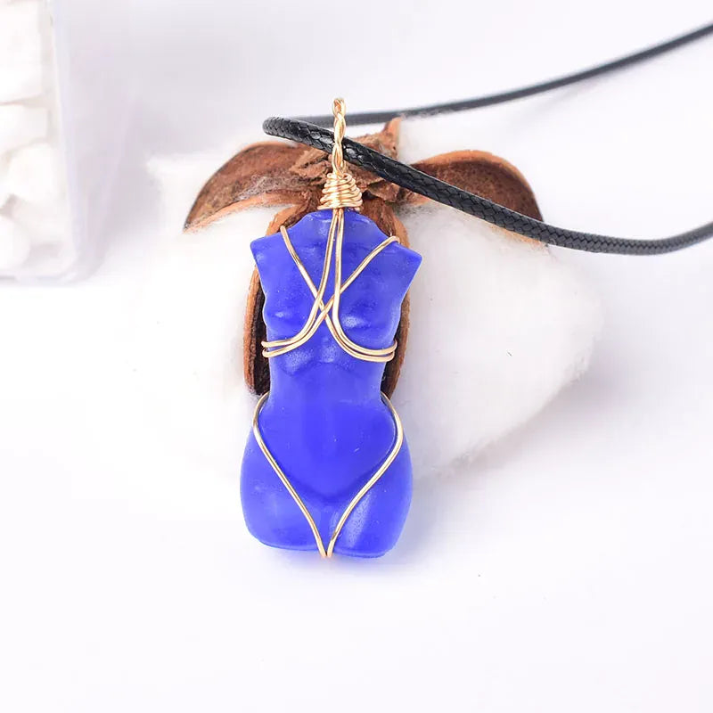 1PC Natural Crystal Hand Made Female Model Pendant Healing Crystal Reiki Gemstone Crafts For Men and Women Necklace Gift Blue Opal-K9 / 1Pc Crystal + Quartz