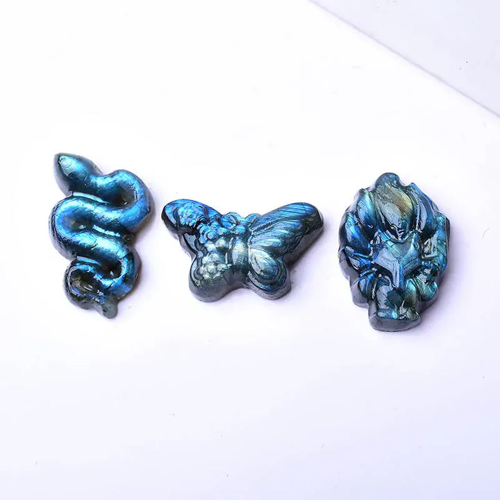 1PC Natural Crystal Labradorite Handb Carved Snake Butterfky Nine-Tailed Fox Healing Stone Animals Figurine For Home Decoration Butterfly / 1Pc Crystal + Quartz