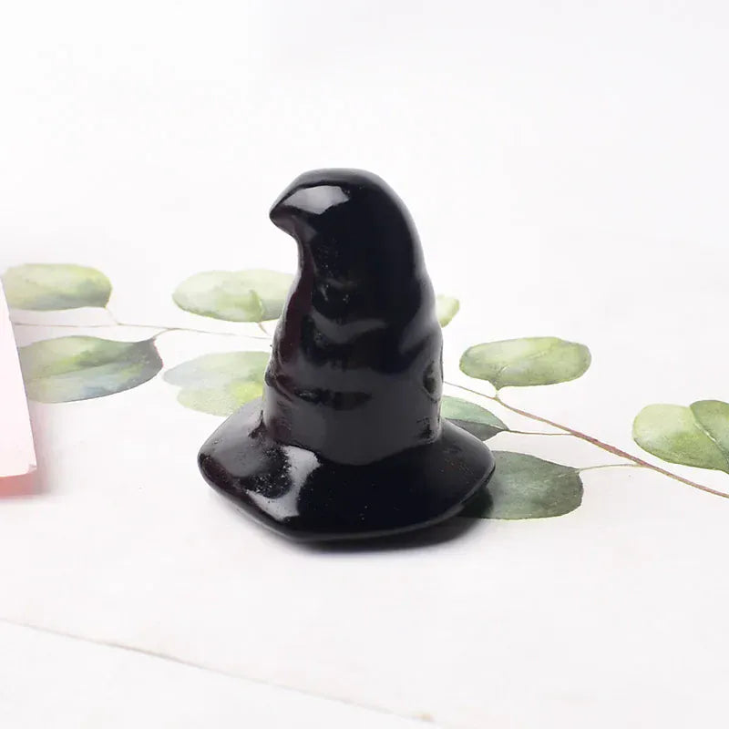 1PC Natural Crystal Obsidian Aventurine Carved Hat Halloween Cartoon Mineral Ornaments Carved Healing Reiki Home Decoration Gift Obsidian / 1pc Crystal + Quartz