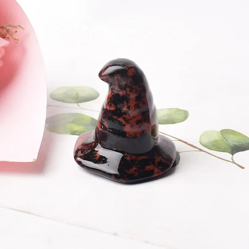 1PC Natural Crystal Obsidian Aventurine Carved Hat Halloween Cartoon Mineral Ornaments Carved Healing Reiki Home Decoration Gift Red Obsidian / 1pc Crystal + Quartz