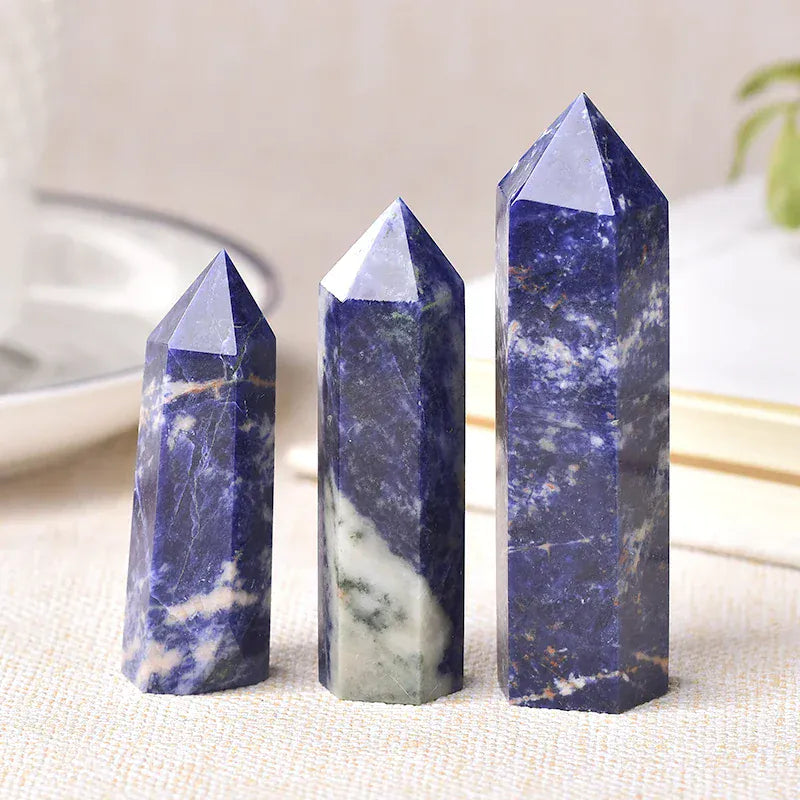 1pc Natural Crystal Point Sodalite stone Healing Obelisk Blue Quartz Wand Ornament for Home Decor Reiki Energy Stone Pyramid Crystal And Quartz