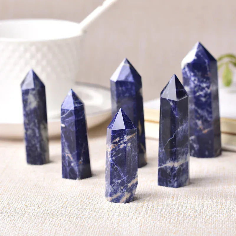 1pc Natural Crystal Point Sodalite stone Healing Obelisk Blue Quartz Wand Ornament for Home Decor Reiki Energy Stone Pyramid Crystal And Quartz
