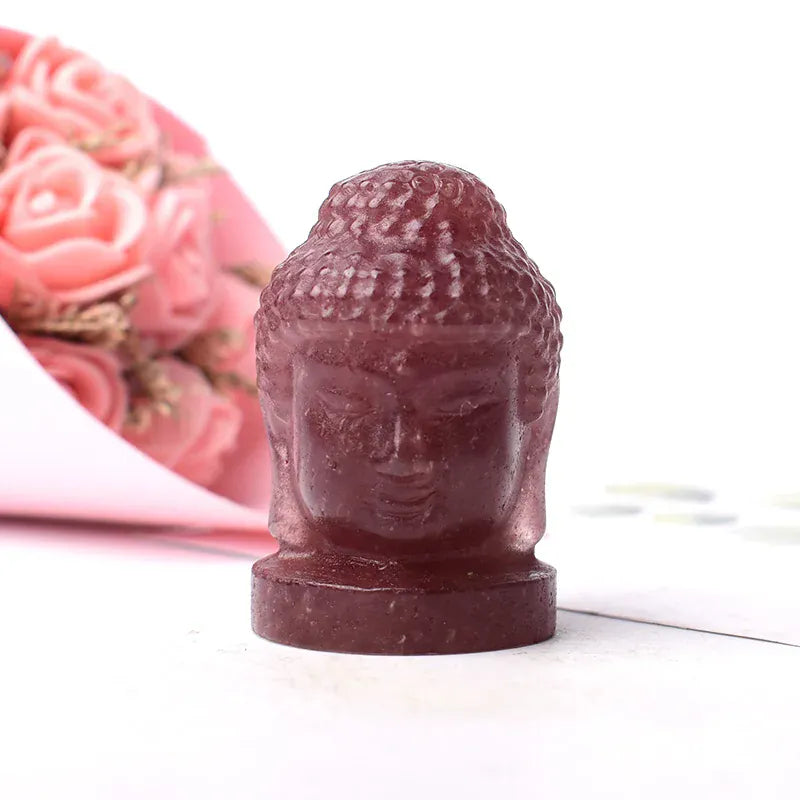 1PC Natural Crystal Stone Figure of Buddha Figurine Reiki Healing Stone Crafts Small Decoration Home Decor Present Souvenir Strawberry crystal Crystal + Quartz