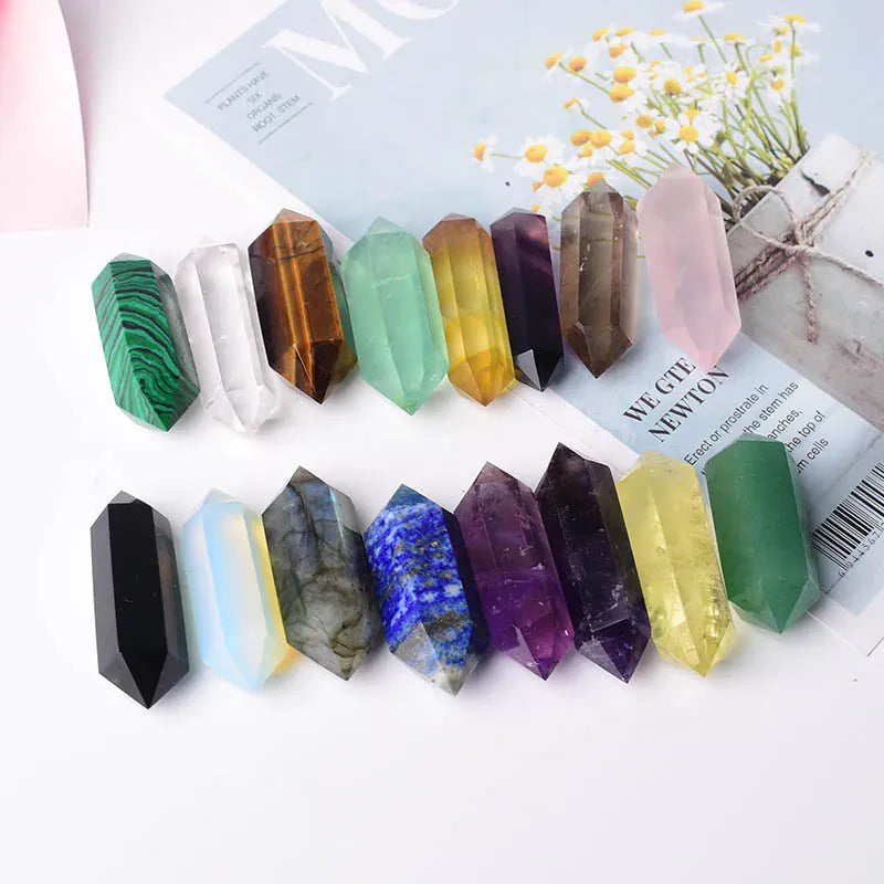 1PC Natural Crystal Stone Hexagonal Double Terminated Points Wand Meditation Reiki Healing Stone Wicca DIY Crystal Jewelry Gift Lilac Amethyst / 1PC Crystal + Quartz