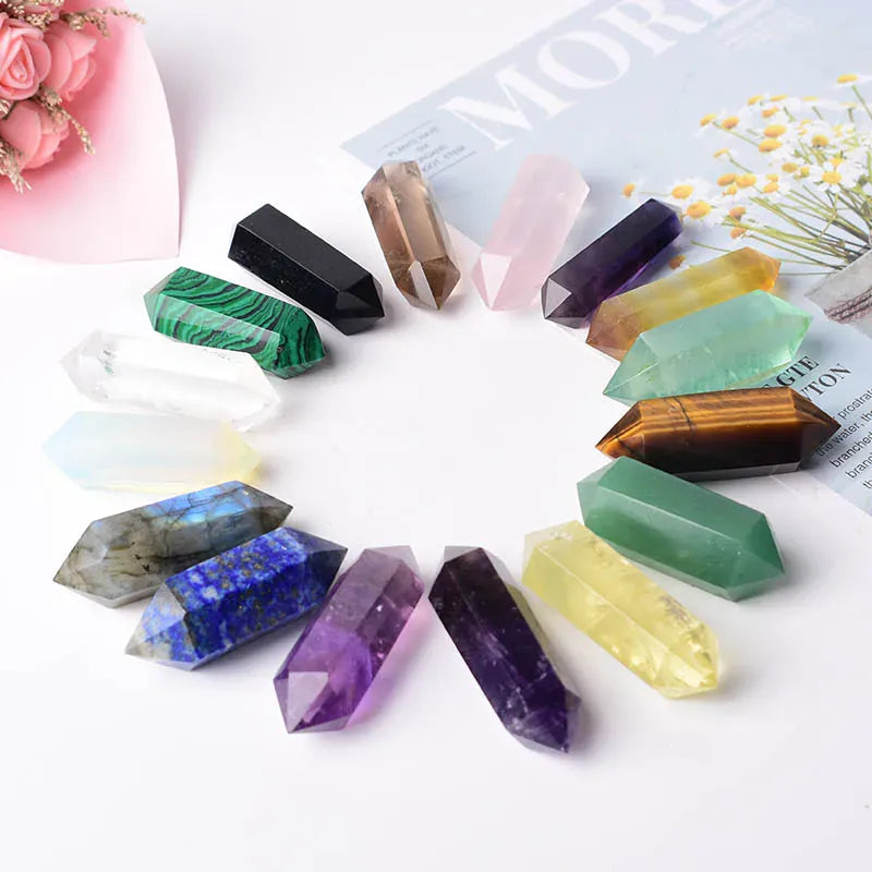 1PC Natural Crystal Stone Hexagonal Double Terminated Points Wand Meditation Reiki Healing Stone Wicca DIY Crystal Jewelry Gift Tigers Eye / 1PC Crystal + Quartz