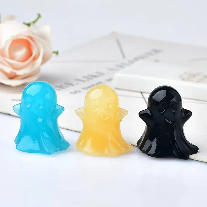 1PC Natural Crystal Stone loveliness Ghost Cartoon Mineral Halloween Ornaments Carved Healing Stone Reiki Home Decoration Gift Green Aventurine / 3cm Crystal + Quartz