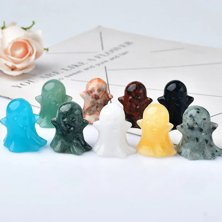 1PC Natural Crystal Stone loveliness Ghost Cartoon Mineral Halloween Ornaments Carved Healing Stone Reiki Home Decoration Gift Green Aventurine / 3cm Crystal + Quartz