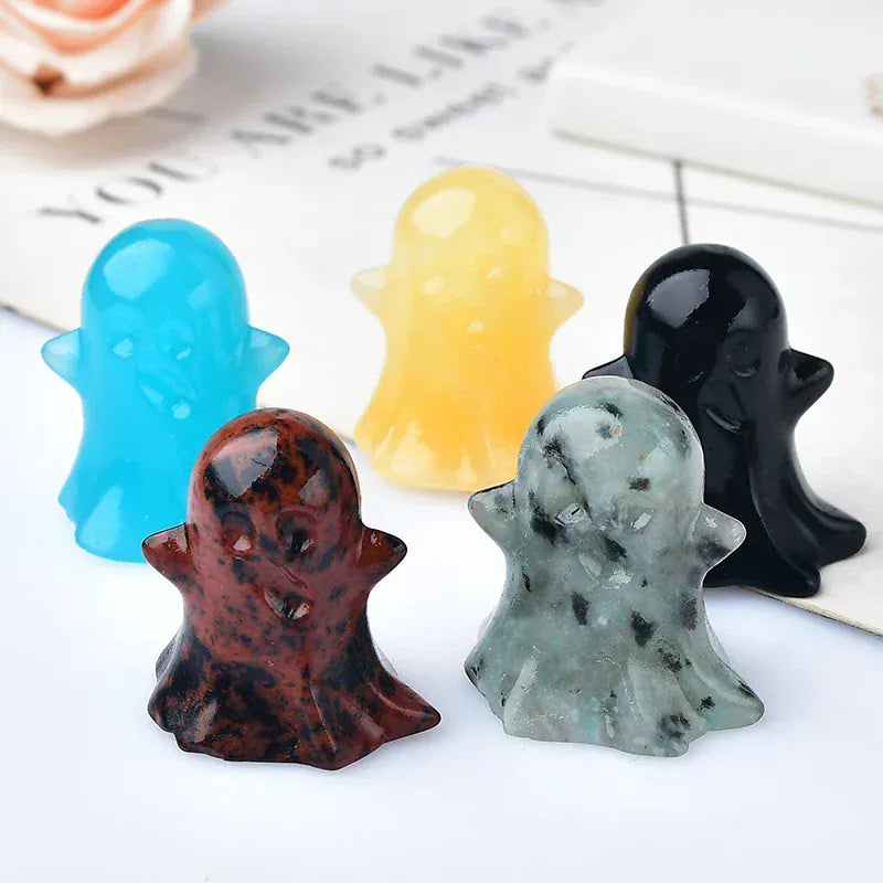 1PC Natural Crystal Stone loveliness Ghost Cartoon Mineral Halloween Ornaments Carved Healing Stone Reiki Home Decoration Gift white marble / 3cm Crystal + Quartz
