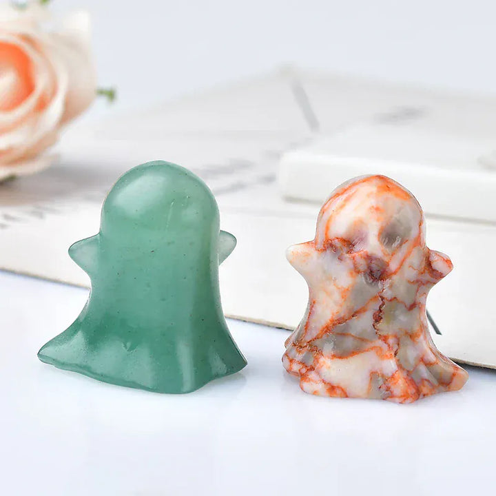 1PC Natural Crystal Stone loveliness Ghost Cartoon Mineral Halloween Ornaments Carved Healing Stone Reiki Home Decoration Gift white marble / 3cm Crystal + Quartz