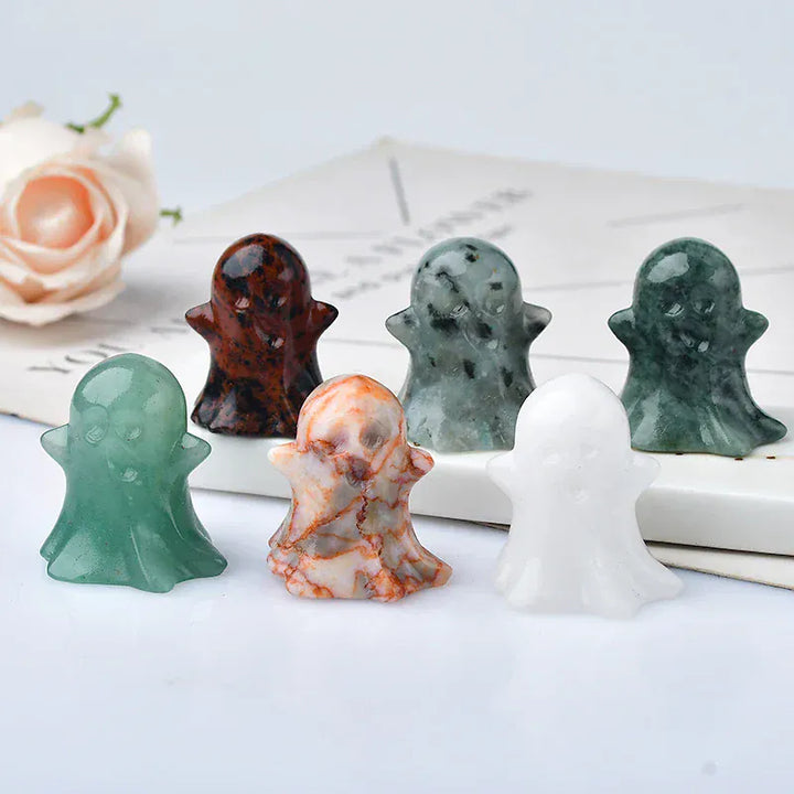 1PC Natural Crystal Stone loveliness Ghost Cartoon Mineral Halloween Ornaments Carved Healing Stone Reiki Home Decoration Gift white marble / 3cm Crystal + Quartz