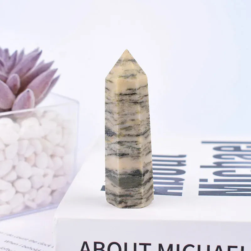 1Pc Natural Grey Stripes Stone Polished Crystal Point Healing Stone Haxagonal Obelisk Simple Ornaments For Home Decoration Grey Stripes Stone / 50-60mm Crystal + Quartz