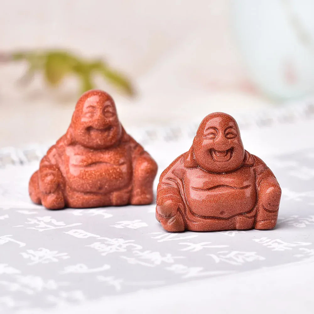 1PC Natural Stone Carved Maitreya Buddha Fengshui Crystal Statue Craft for Home Decoration Chakra Healing Reiki Quartz gift Gold Sandstone / 1PC Crystal + Quartz