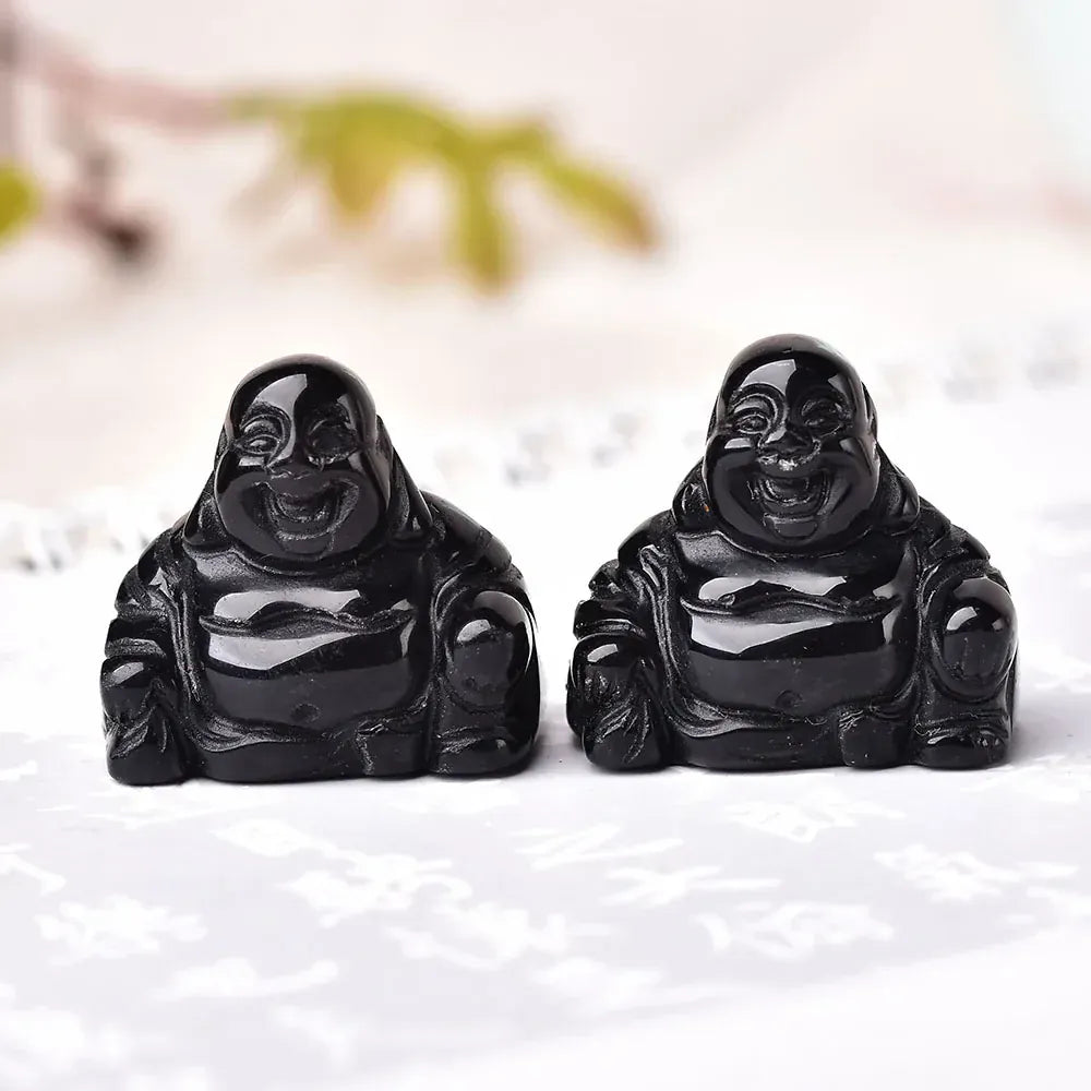 1PC Natural Stone Carved Maitreya Buddha Fengshui Crystal Statue Craft for Home Decoration Chakra Healing Reiki Quartz gift Obsidian / 1PC Crystal + Quartz