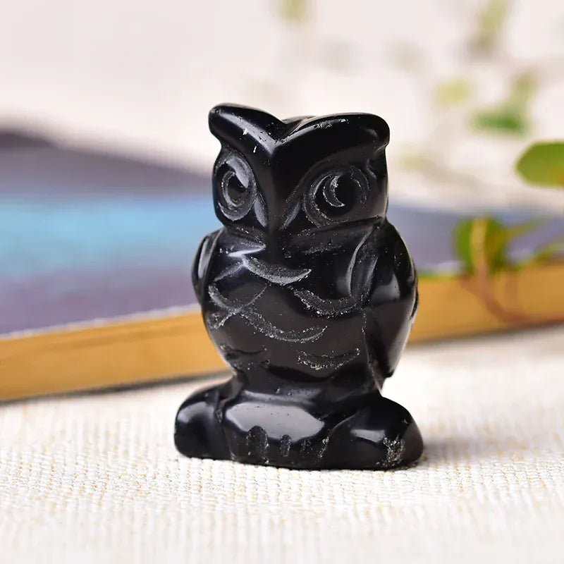 1PC Natural Stone Carved Owl Animal Ornaments Aventurine Unakite Crystal Quartz Stone Crafts Handmade Figurine Home Decoration Obsidian / 40x28x20mm Crystal + Quartz