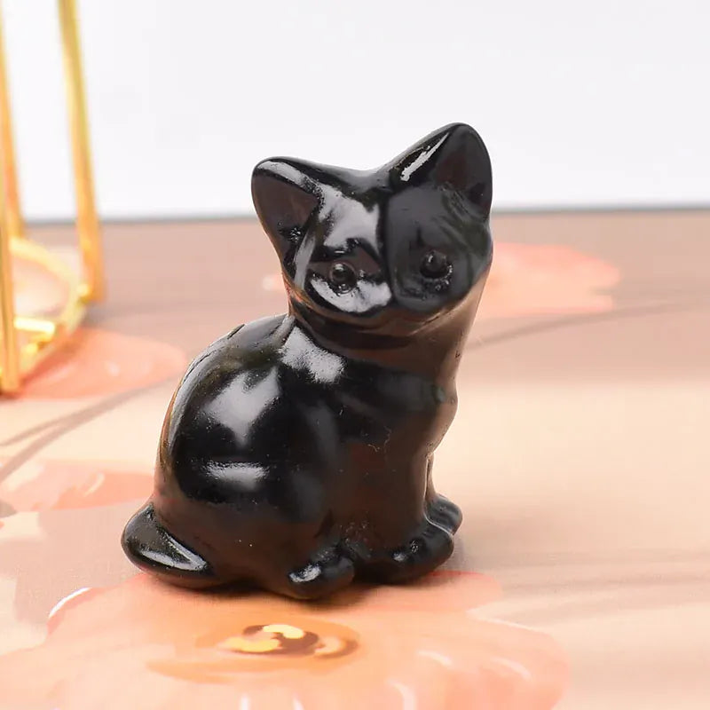 1PC Natural Stone Carved Strophocephalia Cat Healing Crystal Figurines Reiki Gemstone Crafts Home Tabletop Decoration Gift Obsidian / 1Pc Crystal + Quartz