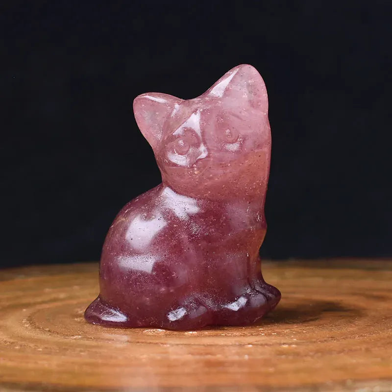 1PC Natural Stone Carved Strophocephalia Cat Healing Crystal Figurines Reiki Gemstone Crafts Home Tabletop Decoration Gift Strawberry Quartz / 1Pc Crystal + Quartz