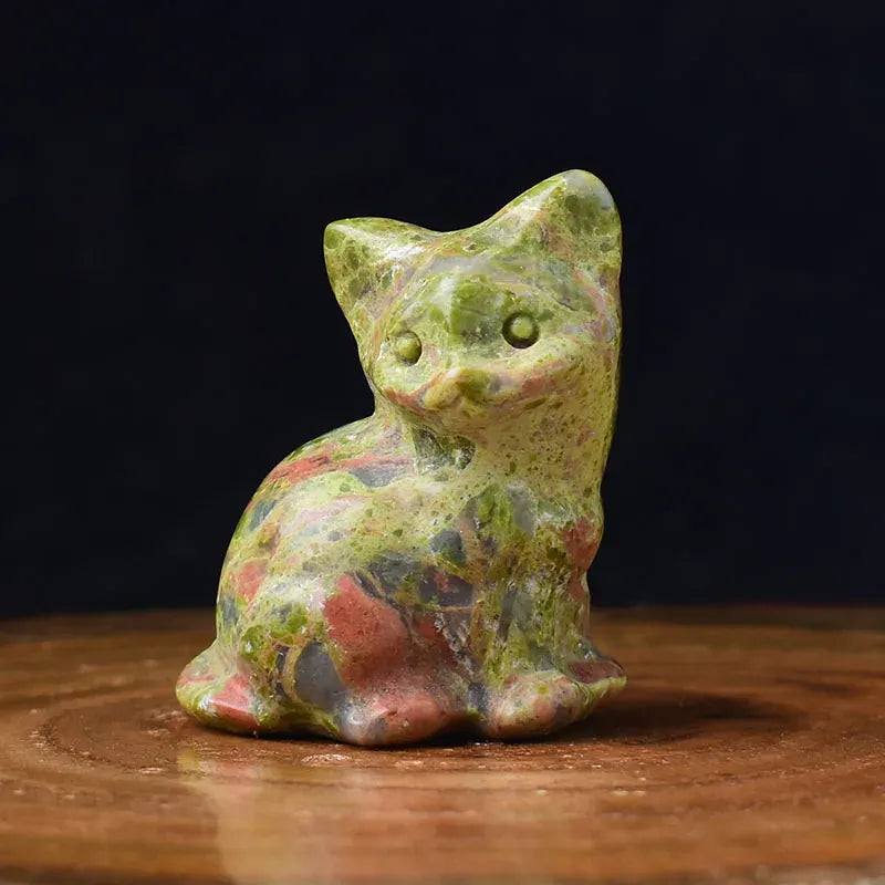 1PC Natural Stone Carved Strophocephalia Cat Healing Crystal Figurines Reiki Gemstone Crafts Home Tabletop Decoration Gift Unakite / 1Pc Crystal + Quartz