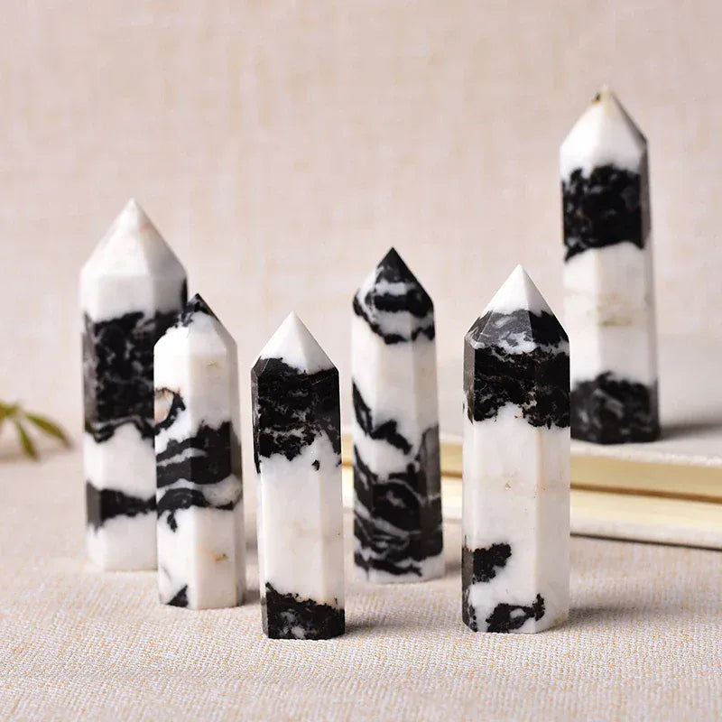 1pc Natural Stone Crystal Point Healing Obelisk Black and White Zebra Quartz Wand Beautiful Ornament for Home Decor Pyramid Crystal And Quartz